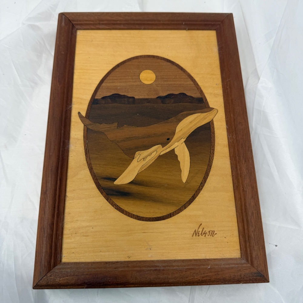 Hudson River Inlay Humpback Whale Wood Marquetry Art Nelson Signed Wood Frame